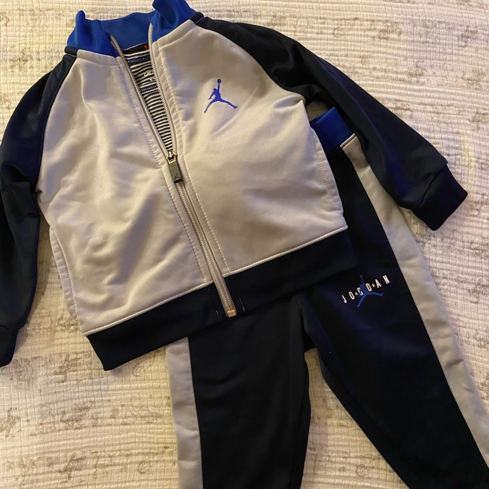 New Baby boy 12mo Jordan jacket and pant set, navy blue and light gray.